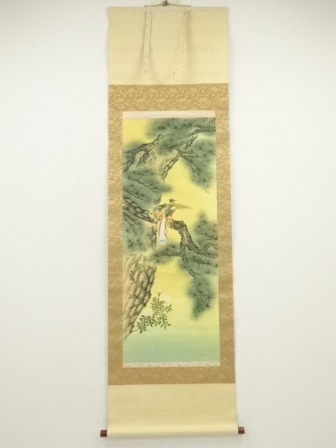JAPANESE WALL HANGING SCROLL / HAND PAINTED / OLD PINE AND BIRDS / ARTIST WORK